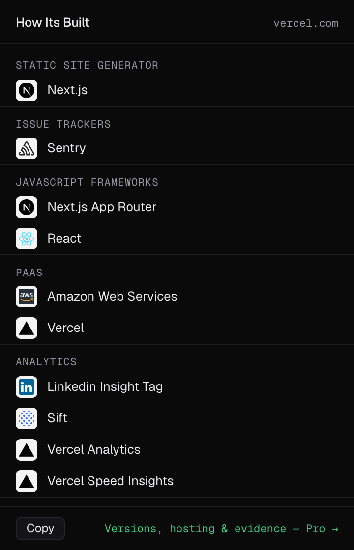 The extension popup listing the technologies detected on vercel.com